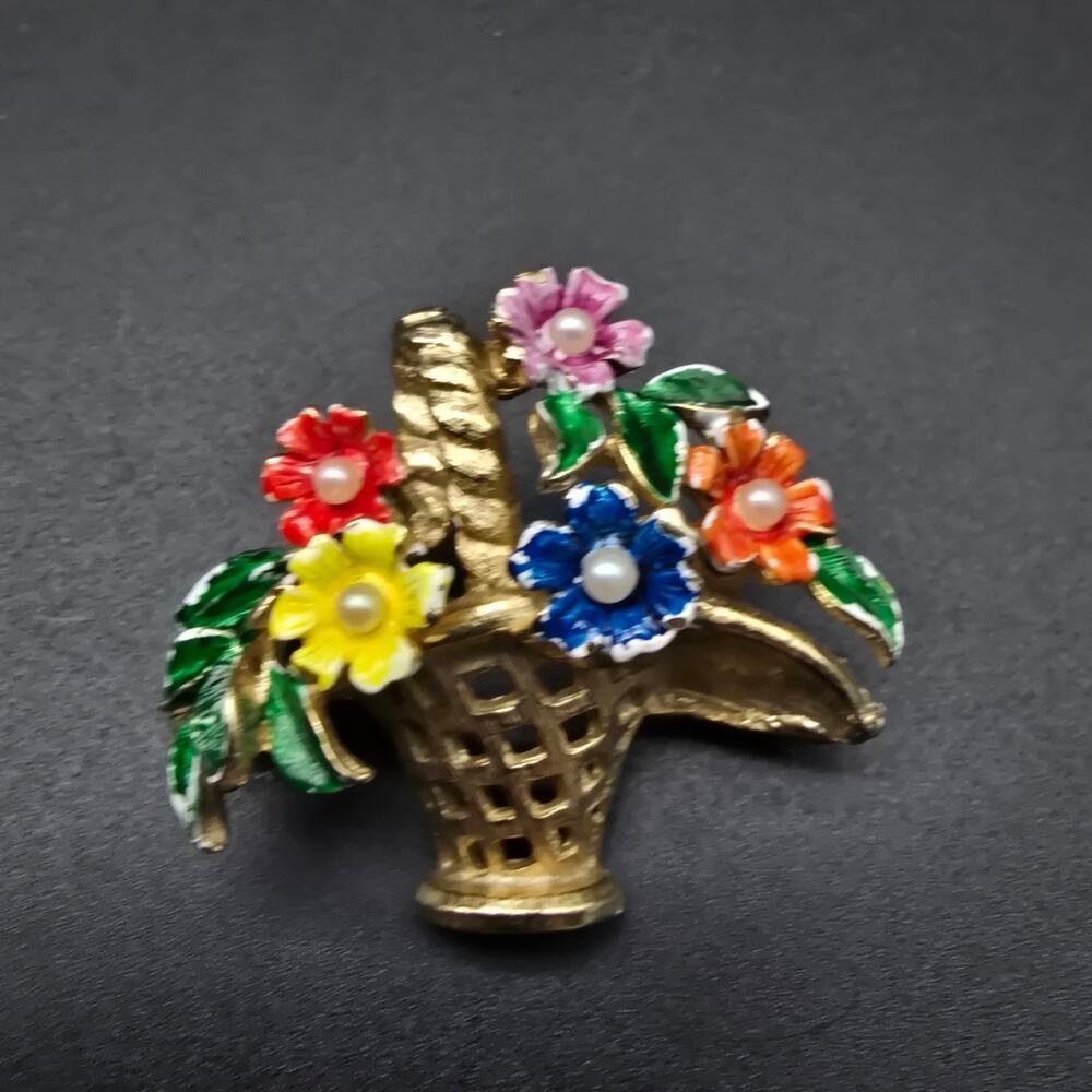 St. Labre Enamel Flower Basket Brooch Gold Tone Colorful Faux Pearl Vintage